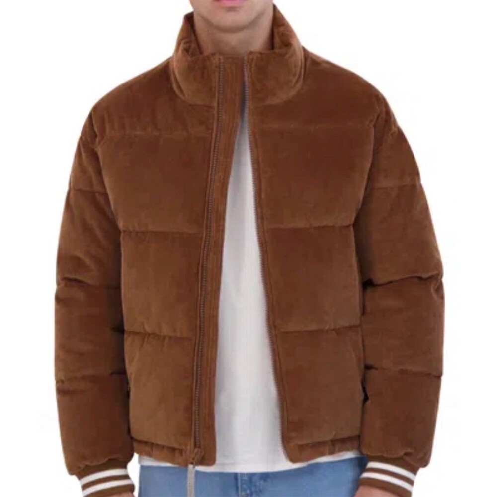 Hudson Men's Corduroy Varsity Puffer Jacket Brown Full Zip Stand Collar Size L